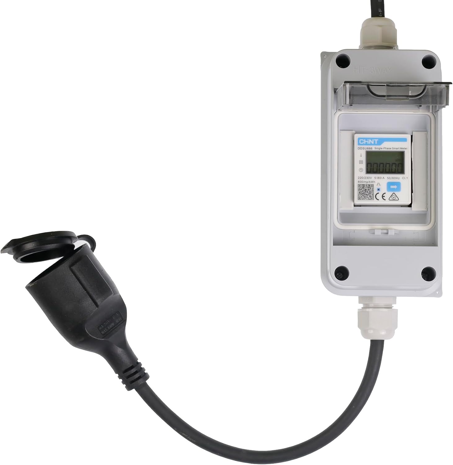 Close-up of the Live4Future CHINT DDSU666 Mobile Electric Meter showing the open Schuko socket with its protective cover.