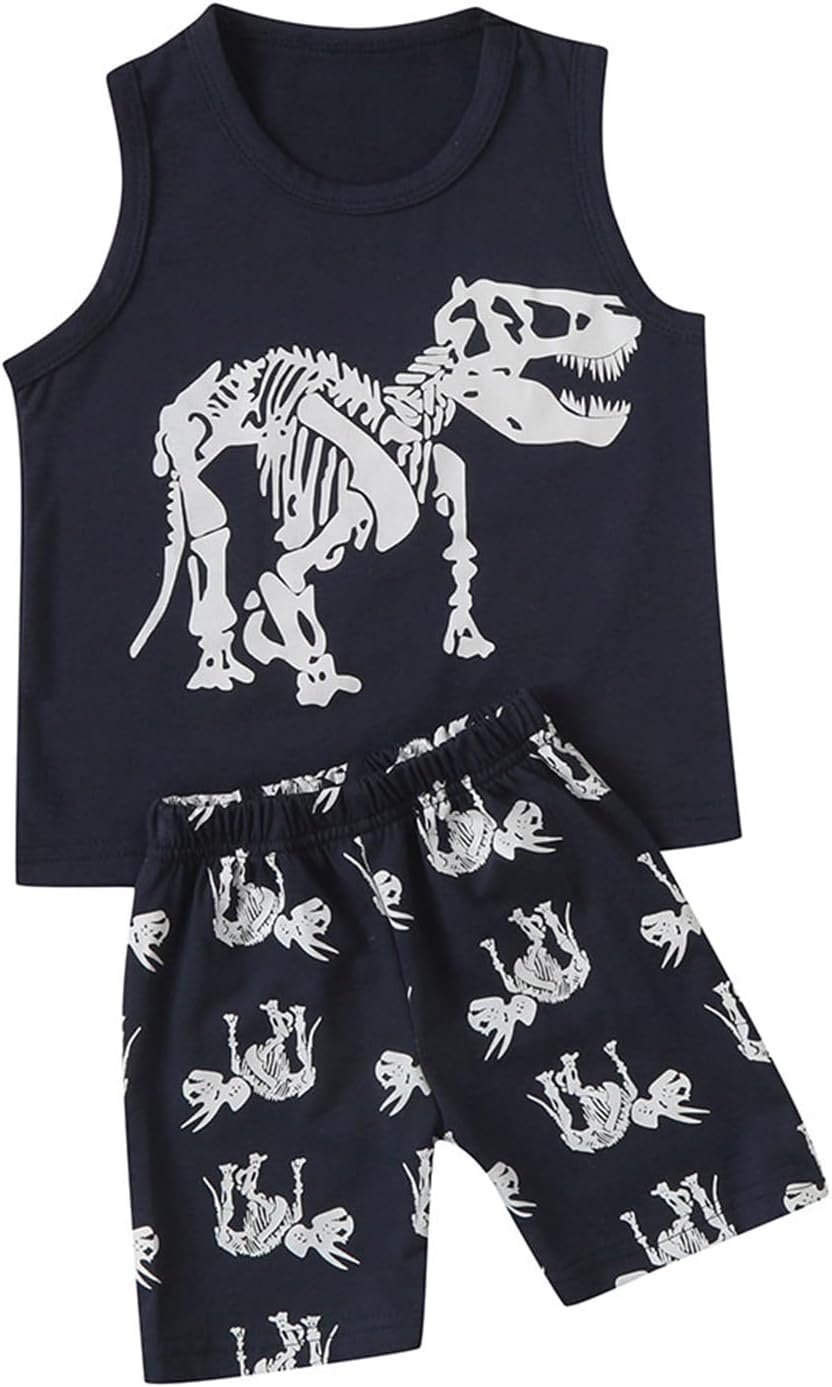 Boy'S Summer Beach Outfits Casual 2 Piece Sleeveless Shirts And Shorts Sets Dinosaur Print Crewneck Breathable Clothing