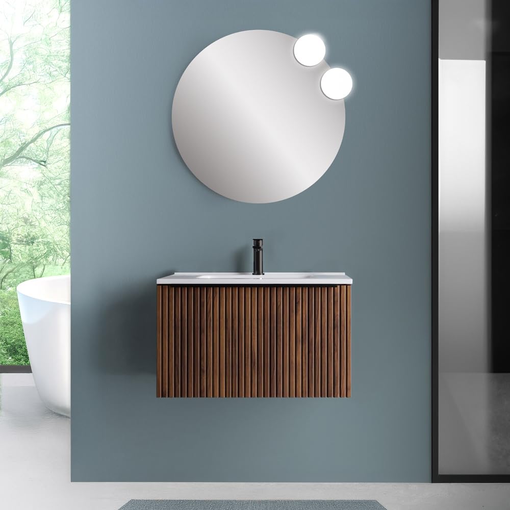 Mobile Da Bagno Sospeso 80 Cm Color Noce Maya Cannettato In MDF Rivestito in PVC Con Cassetto E Maniglia A Chiusura Rallentata E Lavabo In Ceramica Linea Nara