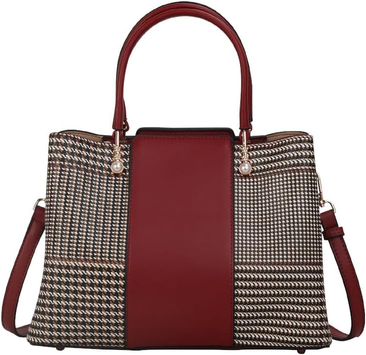 Top-grain leather checkered red handbag with detachable shoulder strap, large capacity, single-strap tote bag for women, purse