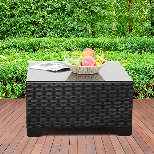 Rattaner Patio Furniture Wicker Coffee Table Outdoor Garden Square Side Table With Tempered Glass Top Black thumb #2