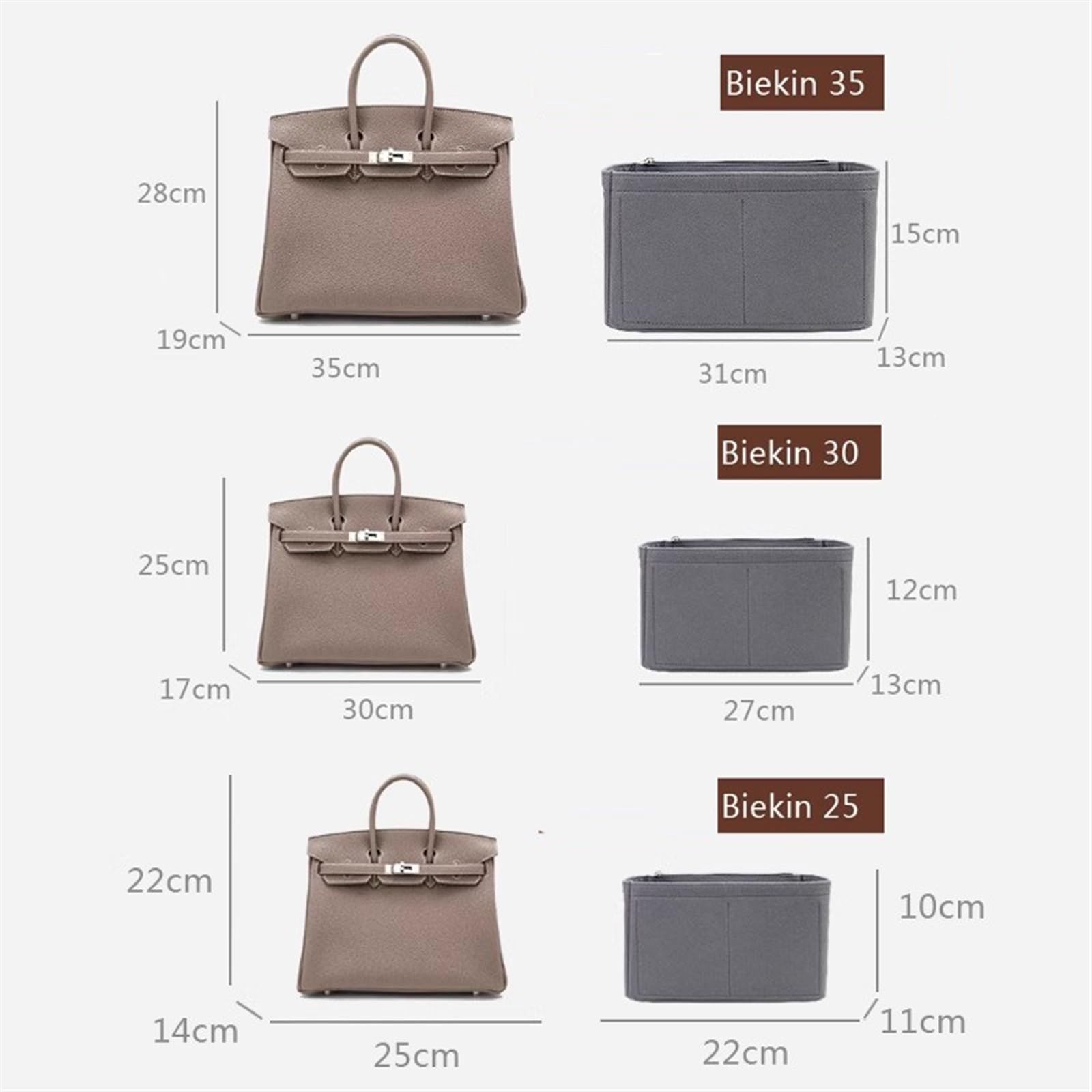 Borsa organizer foderata borsa portaoggetti inserto portaoggetti borsa cosmetica portatile for Hermes Birkin 25/30/35(Beige B,Birkin25)