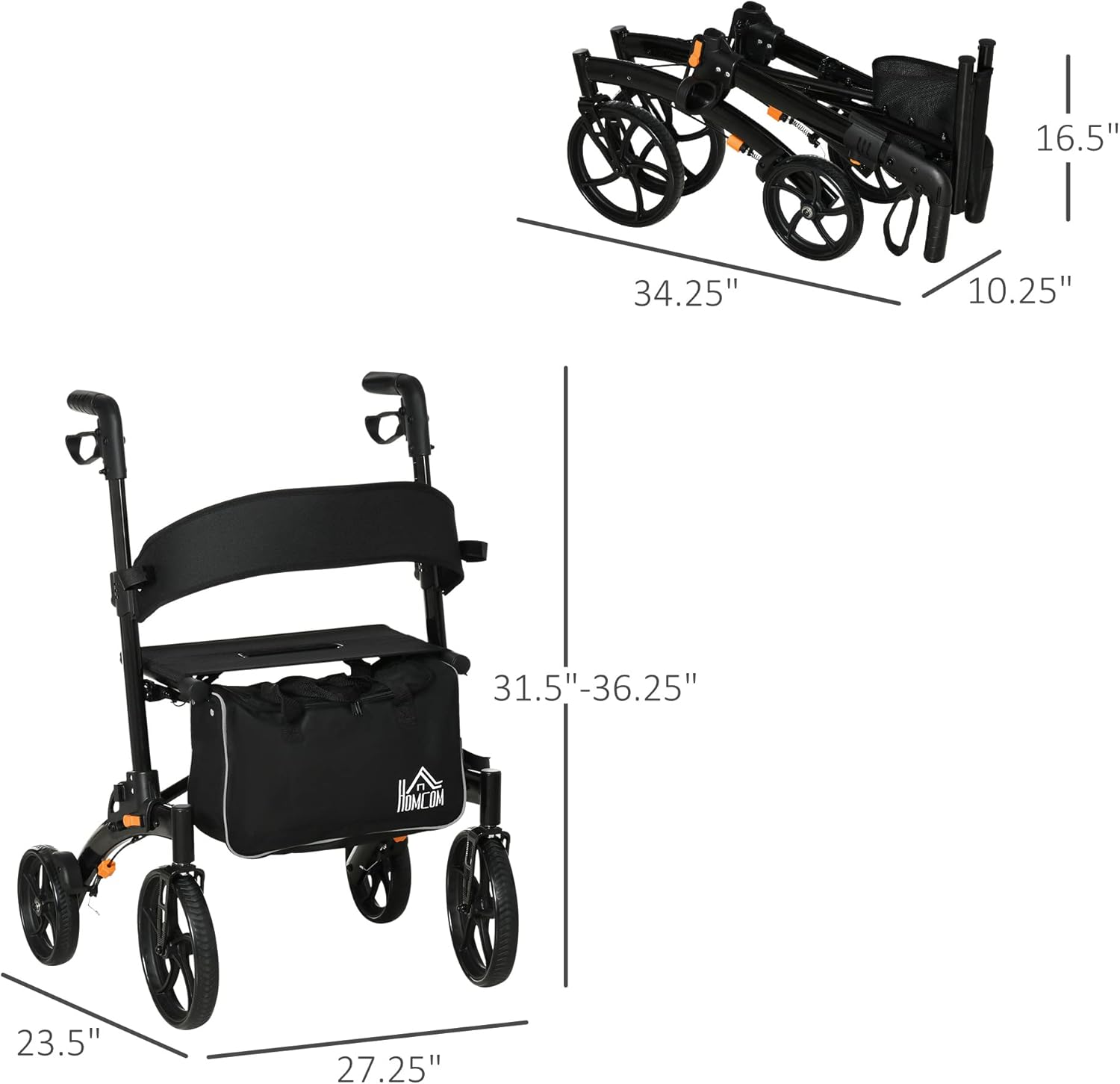 Dimensions diagram of the rollator walker