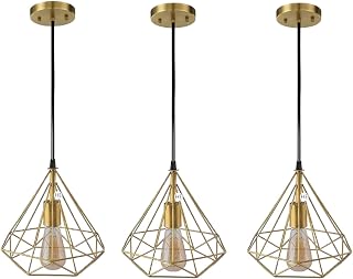 HomesElite Metal Cage Ceiling Light, Vintage Gold Diamond Shape, Adjustable Pendant for Restaurant, Cafe, Indoor Lighting (Bulb Not Included) (Set of 3)