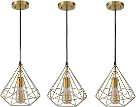 HomesElite Metal Cage Ceiling Light, Vintage Gold Diamond Shape, Adjustable Pendant for Restaurant, Cafe, Indoor Lighting (Bulb Not Included) (Set of 3)