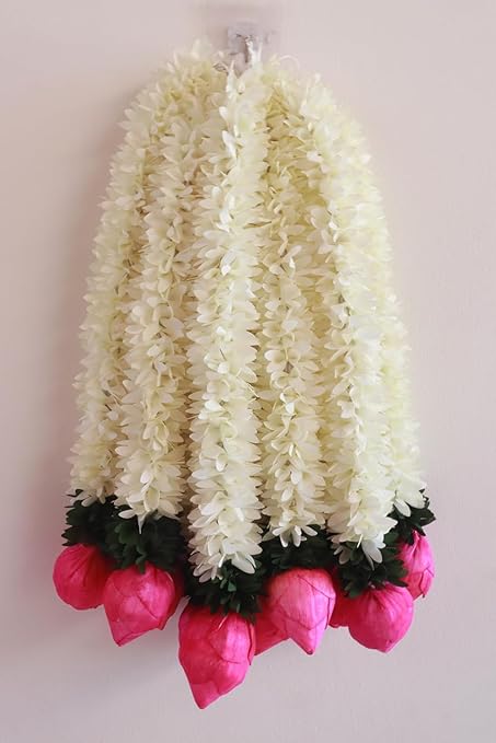 Vibha Lotus Hangings for Decoration Home Decor Wall Door Mandir Pooja Room Office Birthday Wedding Stage Backdrop Decorative Items (37.3 cm Each) Artificial Mogra Flowers Garlands (2)