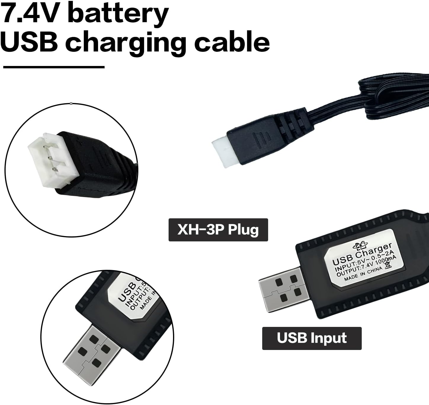 [2-Pack] 7.4V USB Charger Cable with XH-3Pin Plug Universal Compatible RC Car RC Plane RC Tank RC Boat and Other Remote Control Toys for Universal 7.4V 2S Lipo Battery (Blue, 2)