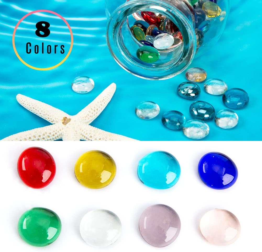 FUTUREPLUSX Flat Glass Marbles,Assorted Colors 5Lb 500PCS Flat Gems Aquarium Pebbles VaseFiller Beads Table Scatter Decor, Red, Green, Blue, Yellow, Transparent