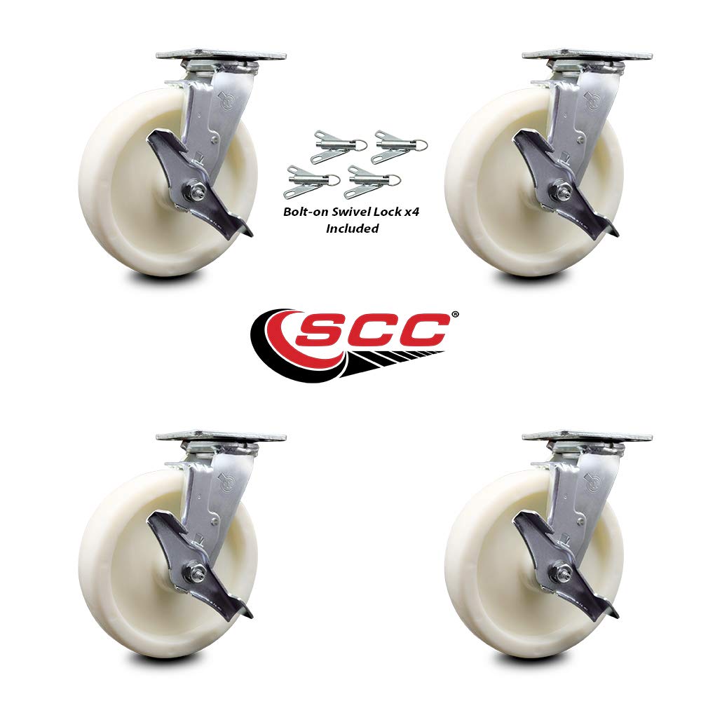 Nylon Swivel Top Plate Casters Set of 4 Heavy Duty with 8 Inch Wheels - Includes 4 Swivel with Top Lock Brakes and Bolt on Swivel Locks – 5,000 lbs. Total Capacity - Service Caster Brand