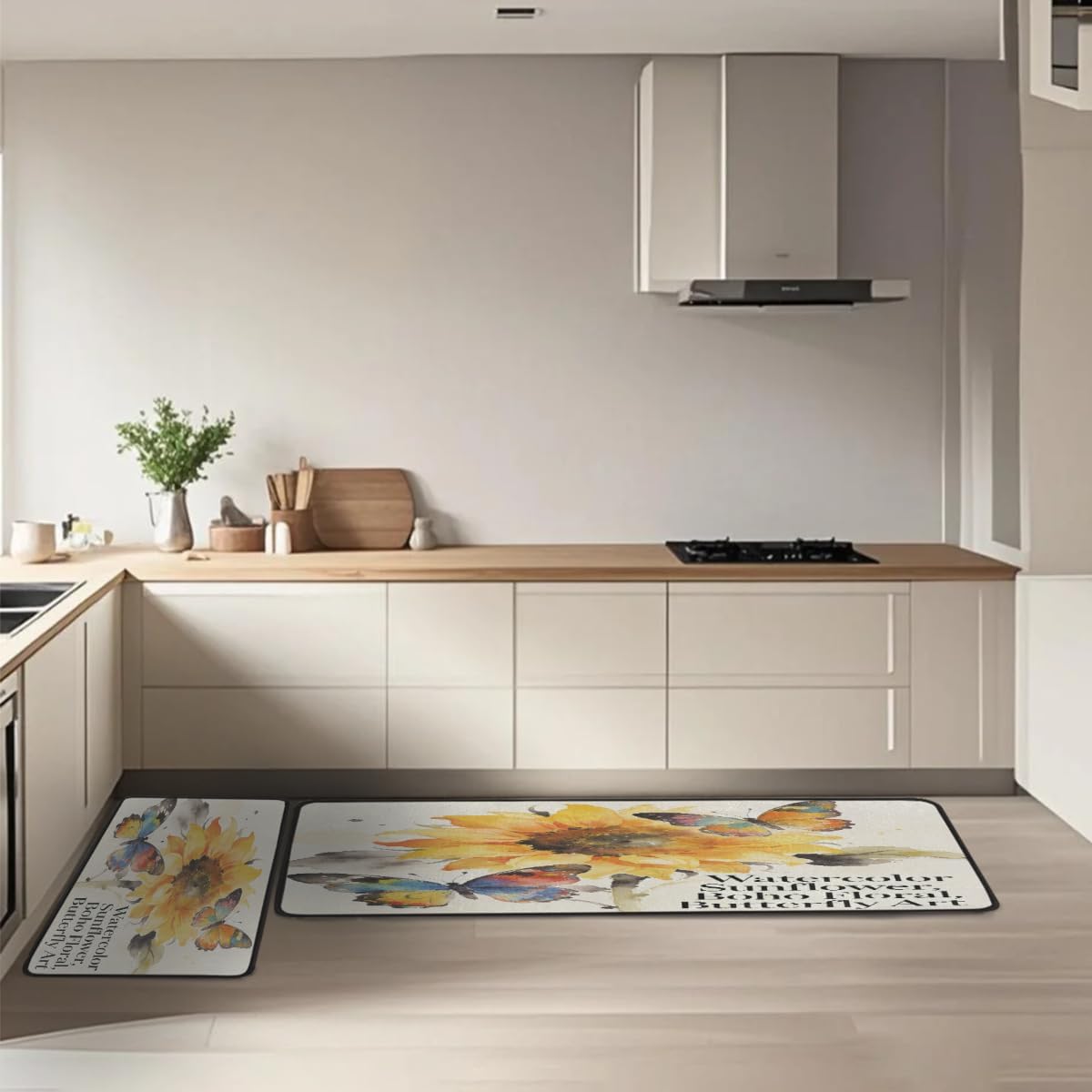 Anti Fatigue Watercolor Sunflower Art Kitchen Mats for Floor 2 Piece Set, Waterproof Non Slip Boho Kitchen Floor Rugs, Comfort Standing Mat for Sink Laundry & Home Kitchen 17"x47"+17"x29"