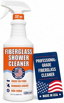 Tillbrook Fiberglass Shower Cleaner - 32 oz Fiberglass Cleaner for Bathtubs, Showers, Tile, Faucets & Bathrooms - Helps Remove Stains from Rust, Soap Scum & Hard Water - Streak-free, Non-Toxic Spray