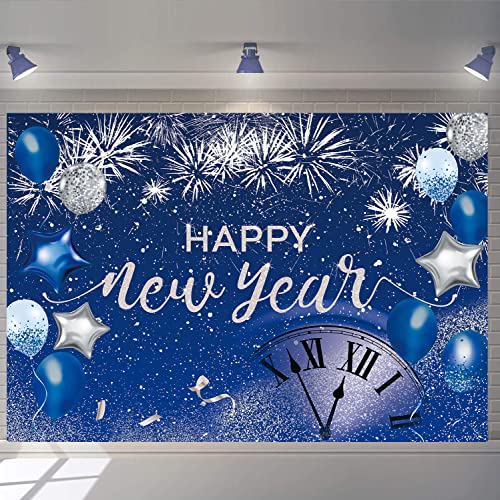 Blue Happy New Year Backdrop 2026 New Year Eve Party Photography Background Fireworks Navy Blue Silver Glitter Sequin New Years Party Decor Supplies Banner Gift Ideas Favor (9x6FT: 108x72 inch) by TENCOW - Used condition - US$10.03