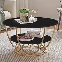 Round Coffee Table with Marble-Looking Wooden Top and Gold Metal Base for a Chic Living Room Center Table with Book and Decor Storage (Black Gold)