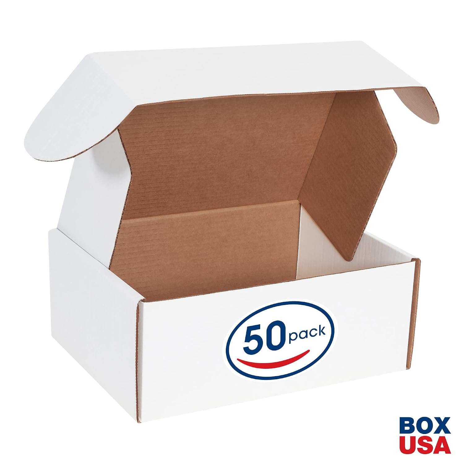 Box USA 12" Deluxe Shipping Boxes 12 1/8"L x 9 1/4"W x 5"H, 50-Pack - White Box Mailers for Packaging, Storage, Gifts or Bulk Business Orders
