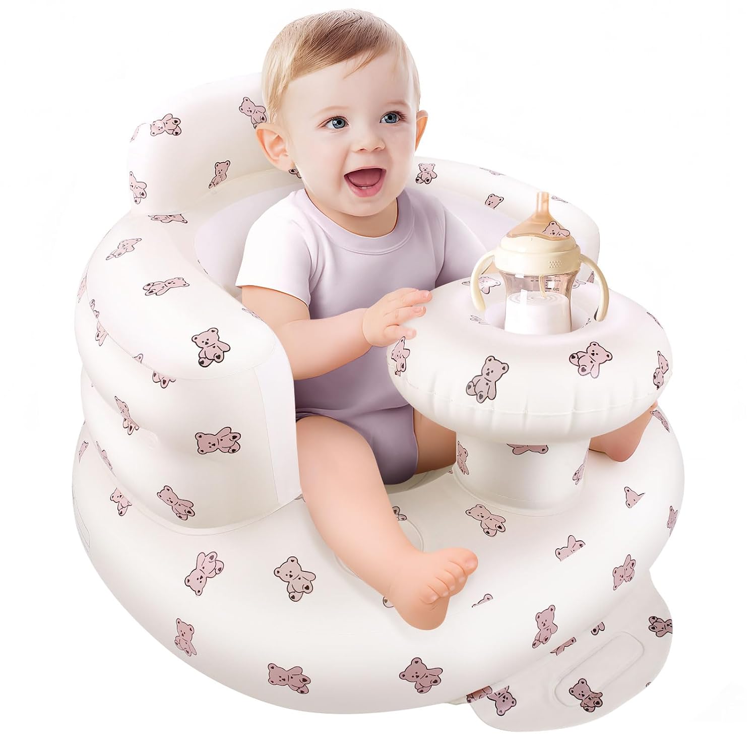Arscniek Inflatable Baby Chairs Built in Air Pump, Blow Up Baby Chair with Back Support and Tray, Baby Chair for Babies 3-36 Months, Portable Chairs for Indoor and Outdoor- Biscuit Bear