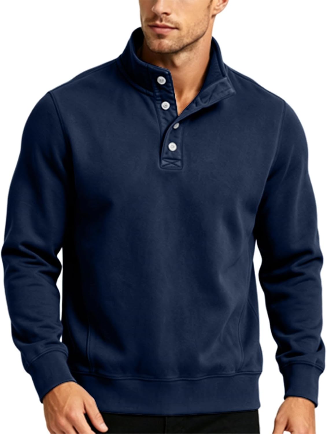 Men Stand Collar Button Front Sweatshirt Long Sleeve Loose Fit Solid Color Shirt Comfy Casual Work Pullover Blouses