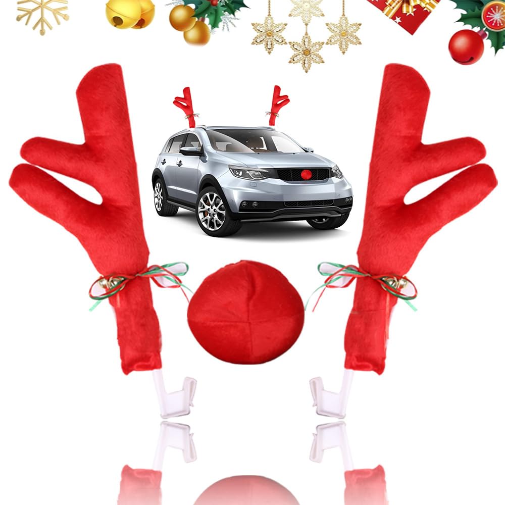 Decorazioni Natalizie Per Auto: Corna Di Renna, Naso Rosso E 4 Copripoggiatesta - Kit Festivo Per Auto, Camion E SUV