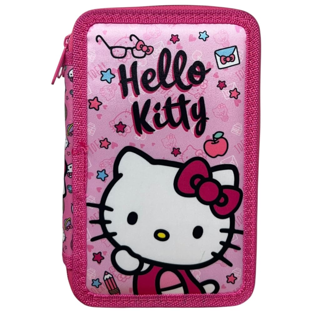 CARTOON Estuche de 3 cremalleras completo de 44 piezas para la escuela, multicompartimento, bolígrafos, lápices, colores, rotuladores Giotto, Hello Kitty, 20 x 13 x 6 cm, Moderno