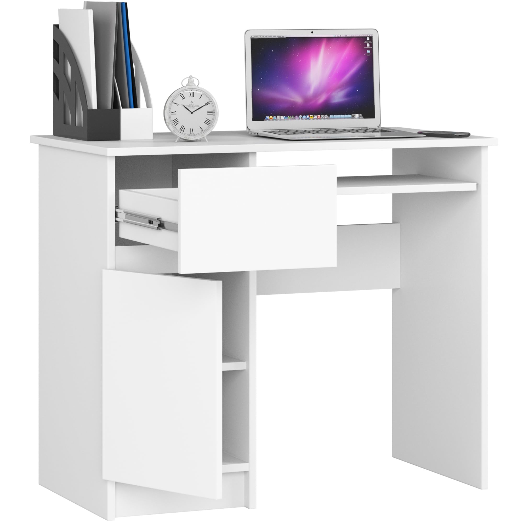 AKORD Bureau Ordinateur Piksel avec Tablette Coulissante Clavier | Simple avec Rangement | 1 Tiroir et 1 Compartiment avec Porte | Desk | Table d’Ordinateur | L90 x H77 x P50 cm | Blanche