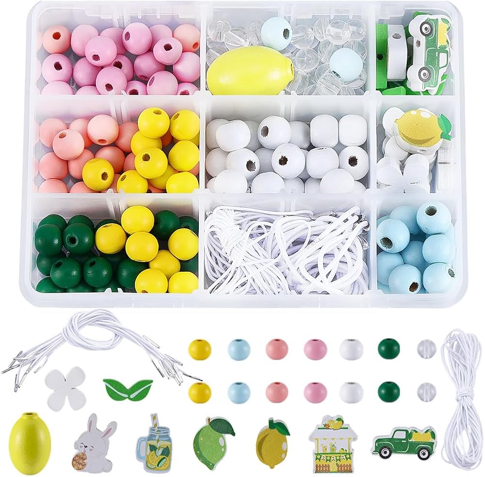 241Pcs Wood Bead Bracelet Making Kit with 5m Polyester Elastic Cord Wooden Colorful Car Lemon Rabbit Flower Drink Round Small Glass Bead Hang Tag Sets for Bracelet Necklace Jewelry DIY Craft — 사진 1