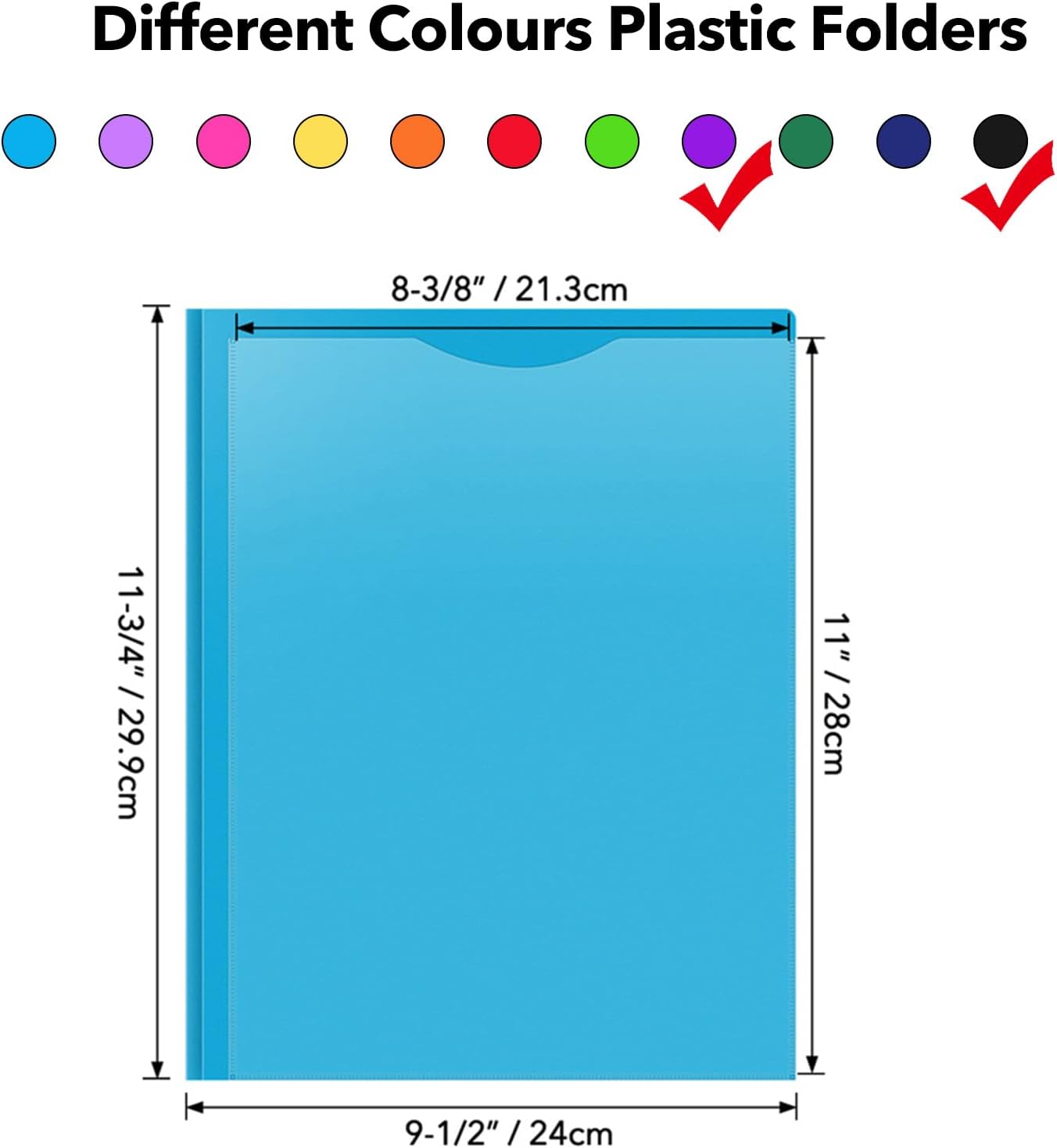 12-Pack Heavy Duty Plastic Pocket Folders with Prongs, Black & Deep Purple Set for Letter Size, 2-Pocket Brad Folders with Clear Front Cover