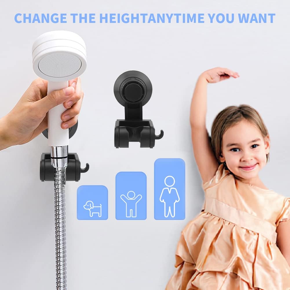 Shower Head Holder, Suction Cup Handheld Shower Head Bracket Adjustable ShowerHead Support Bracket Side Hook Wall Mounted Showers Holder for Bathroom(Black)