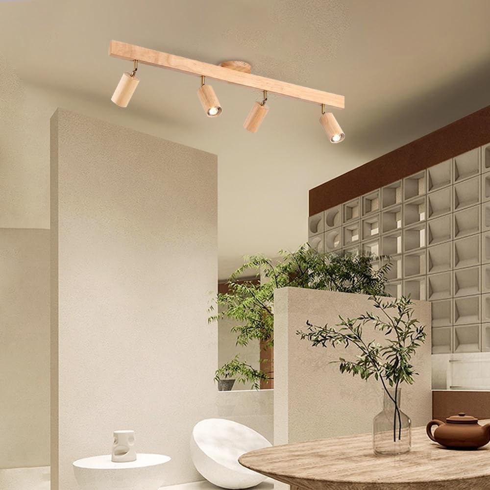 Adjustable LED Wood Spotlight - Modern Ceiling Light Fixture for Kitchen, Bedroom, Living Room, Bar(Wood Color,4-Light)