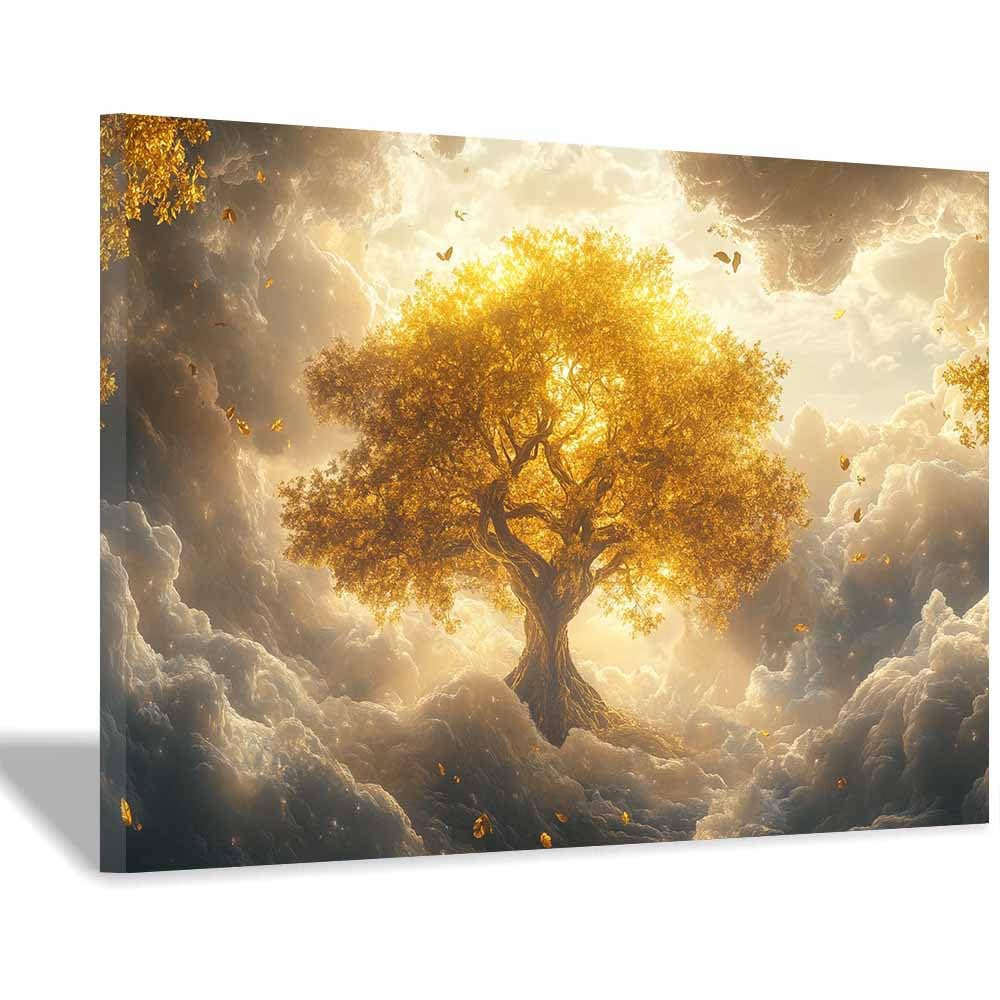 ZAMAEIU Tree of Life Painting Abstract Cloud-Clad Tree Panoramic Canvas Prints Pictures for Living Room Bedroom Home Office Wall Decoration(golden)-70x100cm Framed