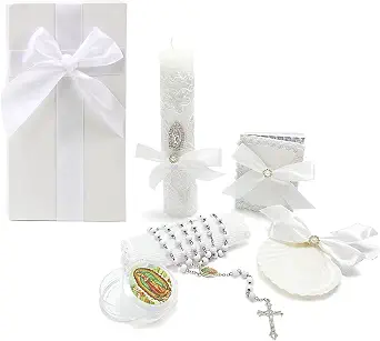 Baptism Candle Set for Boys and Girls, White 5-Piece Catholic Baptism Kit with Bible, Towel, Shell, Rosary, and Gift Box