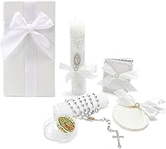 Baptism Candle Set for Boys Girls,White 5 PCS Baptism Kit Virgen De Guadalupe Catholic Candle,Baptismal Towel,Baptismal Shell,Rosary,Bible for Baby Dedication Christening Gift,Velas para Bautizo Niño
