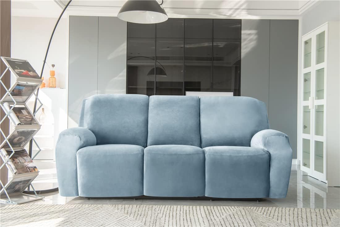 Stretch Recliner Sofa Slipcover Velvet Recliner Chair Covers for 3 Cushion Reclining Couch Cover 8 Pieces Sofa Furniture Protector Slipcovers with Side Pocket Machine Washable