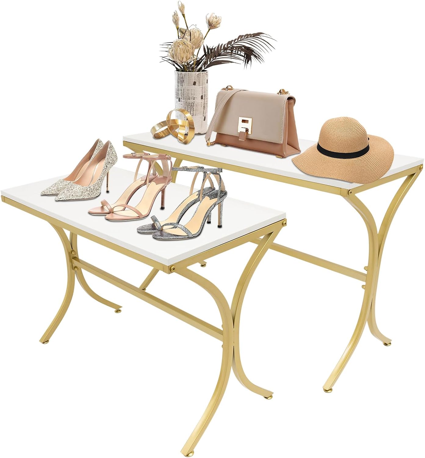 Metal Shoe Handbag Display Stand, Nesting Tables 2 Piece Set, Display Riser Shelf for Retail Stores (Wood, Steel Tube)