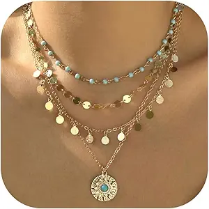 HUASAI Boho Necklaces for Women Dainty Layered Choker Necklace Bohemian Turquoise Necklace Statement Jewelry Western Cowgirl Country Outfits