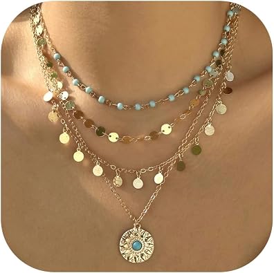 HUASAI Boho Necklaces for Women Dainty Layered Choker Necklace Bohemian Turquoise Necklace Statement Jewelry Western Cowgirl Country Concert Outfits Accessories