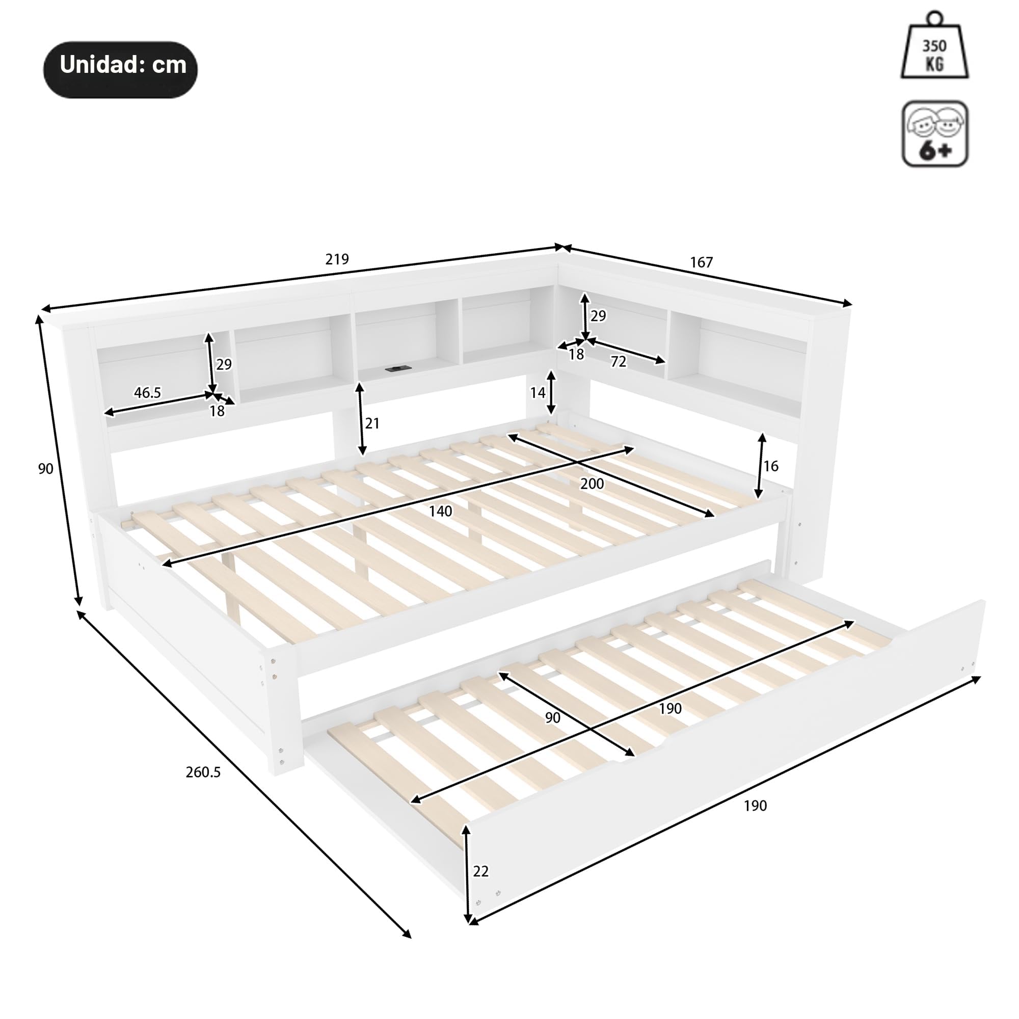 cama de día nido de 140 x 200 cm, sofá con enchufe integrado y 2 puertos USB, incluye somier, cama de invitados que ahorra espacio, madera de pino, blanco (sin colchón)