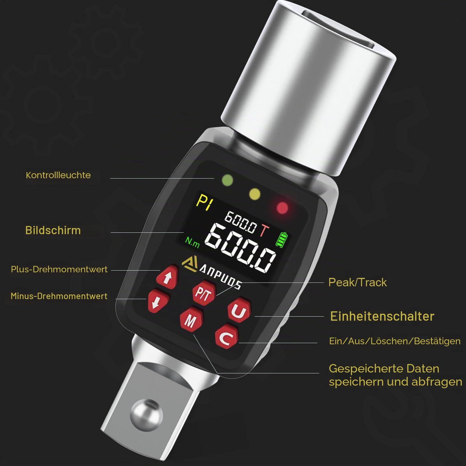 ANPUDS Digitaler Drehmomentadapter, 3/4 Zoll 9-600Nm Drehmomentadapter Set mit Voreingestellter, Lagerung, Summer, LCD Anzeige, ± 1% Fehlergenauigkeit für Auto, LKW, Traktor