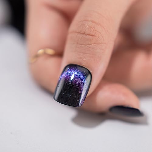 Miniatura 2 de Uñas postizas a presión con diseño de ojo de gato azul, uñas postizas cortas negras de cobertura completa, diseños de decoloración MAOTTIE uñas con