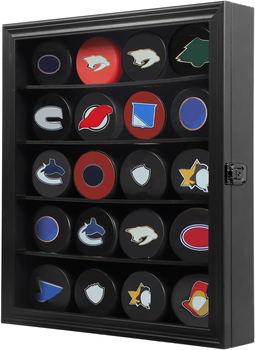20 Hockey Puck Display Case - Puck Holder Wall Mount Cabinet Stand - Hockey Puck Shadow Box with Glass for Collection Hockey Puck, Large Black