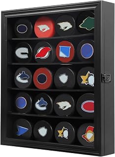20 Hockey Puck Display Case - Puck Holder Wall Mount Cabinet Stand - Hockey Puck Shadow Box with Glass for Collection Hockey Puck, Large Black