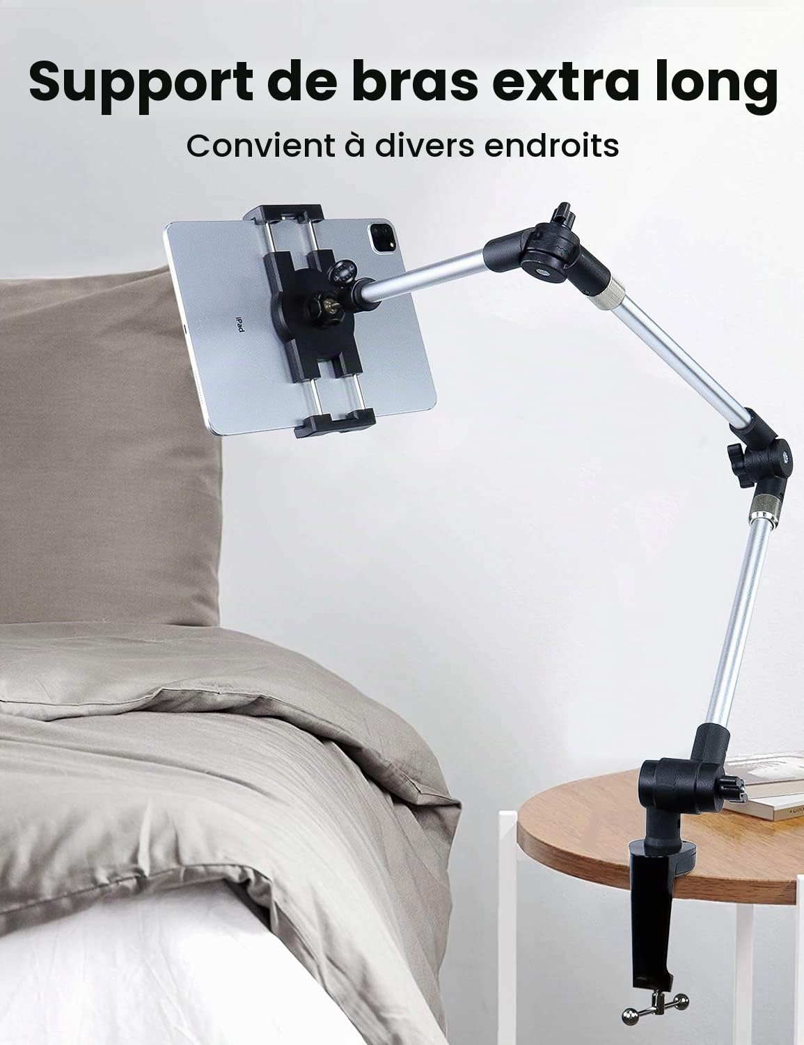 Oilcan Support Tablette Bras Articulé Réglable, Porte Tablette Table Lit | avec Aluminium Bras Pivotant à 360° Pliable, pour iPad Pro 12.9 Air Mini, Lenovo, Huawei, iPhone 4-13" Téléphone & Tablet