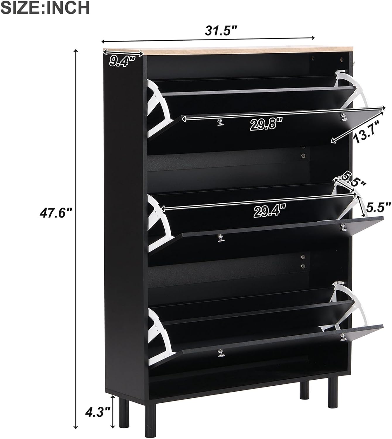 Slim Shoe Cabinet with 3 Flip Drawers for Entryway, Narrow Shoe Rack Organizer with Hanging Hooks and Adjustable Panel, Hidden Shoe Storage Cabinet with Wood Grain Pattern Top for Hallway (Black)