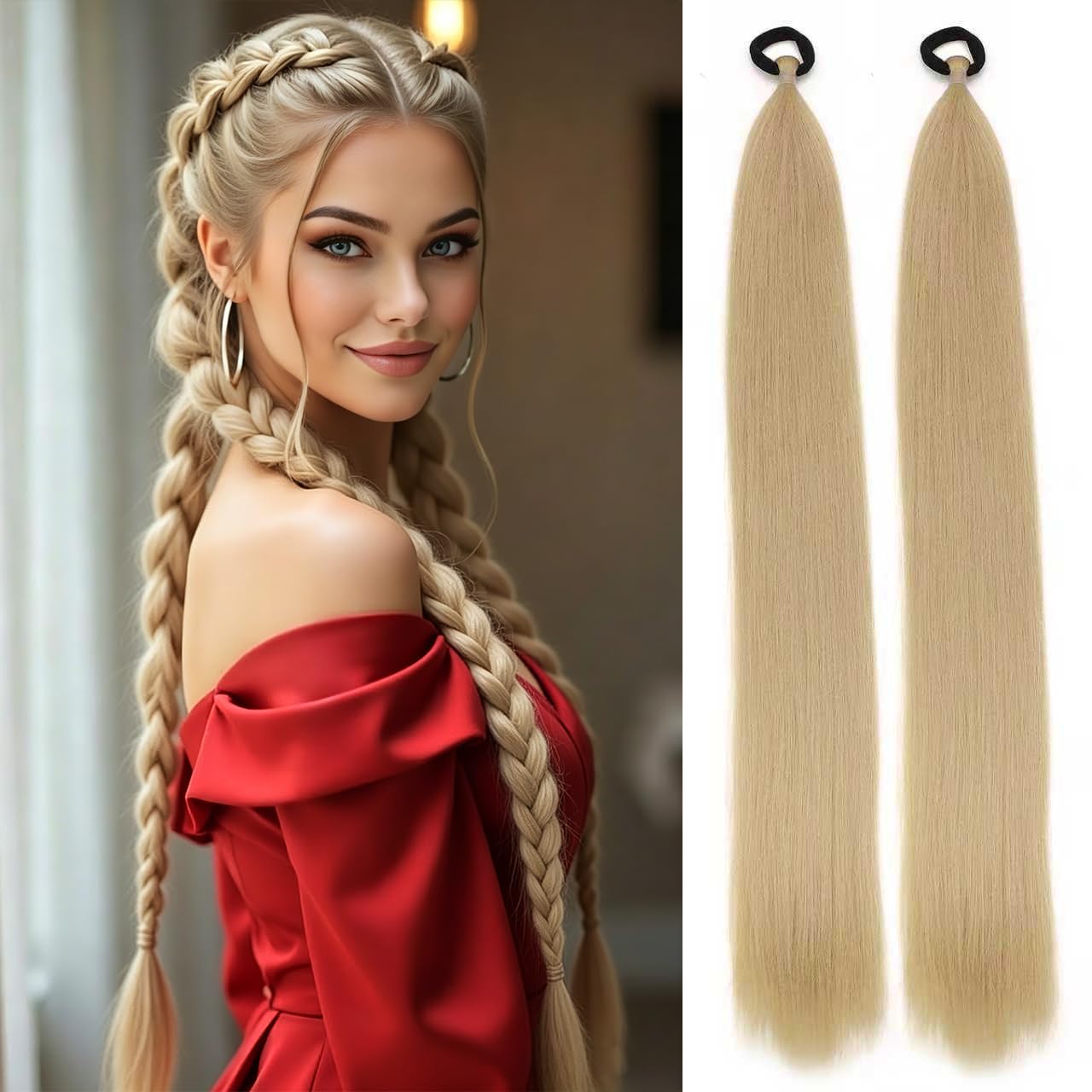 Braid Ponytail Extension 26Inch Honey Blonde Ponytail Extension 2Pack Long Ponytail Extensions Elastic Tie Straight Sleek Wrap Around(Honey Blonde, 26inch)