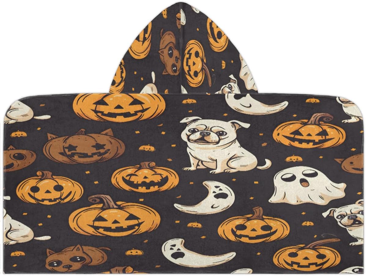 Pardick Kids Bath Towel Dog Pumpkin Ghost Beach Towel with Hood Pool Cover Up for Girls Boys Soft Absorbent Hooded Bath Towel Toddler Towels for Beach, Pool