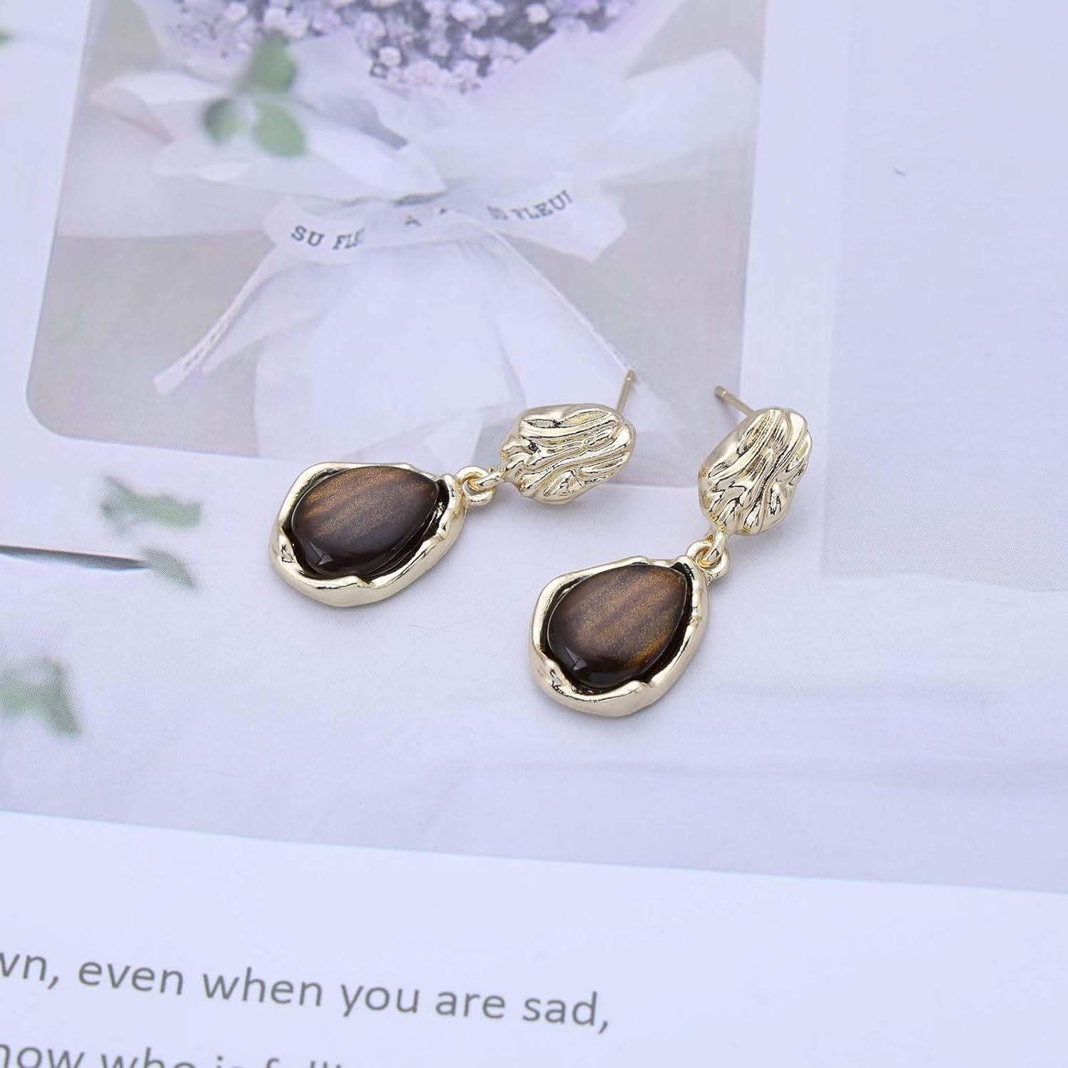Vintage Teardrop Tiger Eye Drop Earrings Gold Hammered Disc Stud Earrings Tiger Eye Gemstone Dangle Earring Brown Gemstone Teardrop Earring Jewelry for Women - Image 7
