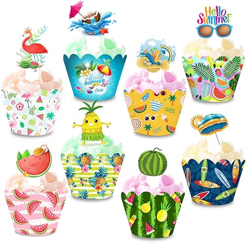 48 piezas hawaianas Luau para cupcakes, decoraciones tropicales hawaianas para cupcakes con forma de flamenco y fruta para verano, playa, piscina,