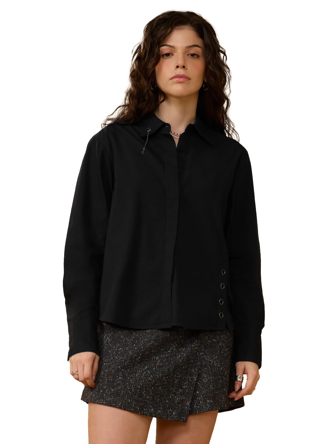 the souled store Easy Solids: Phantom Black Women and Girls Full Length Sleeves Spread Collar Black Solid Cotton Relaxed Fit Metallic Eyelet Accent Lightweight Everyday Shirt-picture-47
