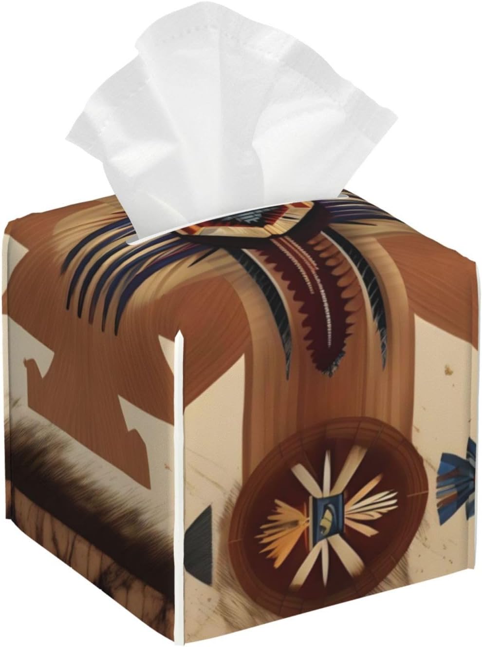 Tissue Box Cover,PU Leather Tissue Box Holder,Native American Patterns,Rectangular Tissue Box Covers for Kleenex,Napkin,Tissue Holder for Bathroom Home Office 5.2"X5.2"X5.2"