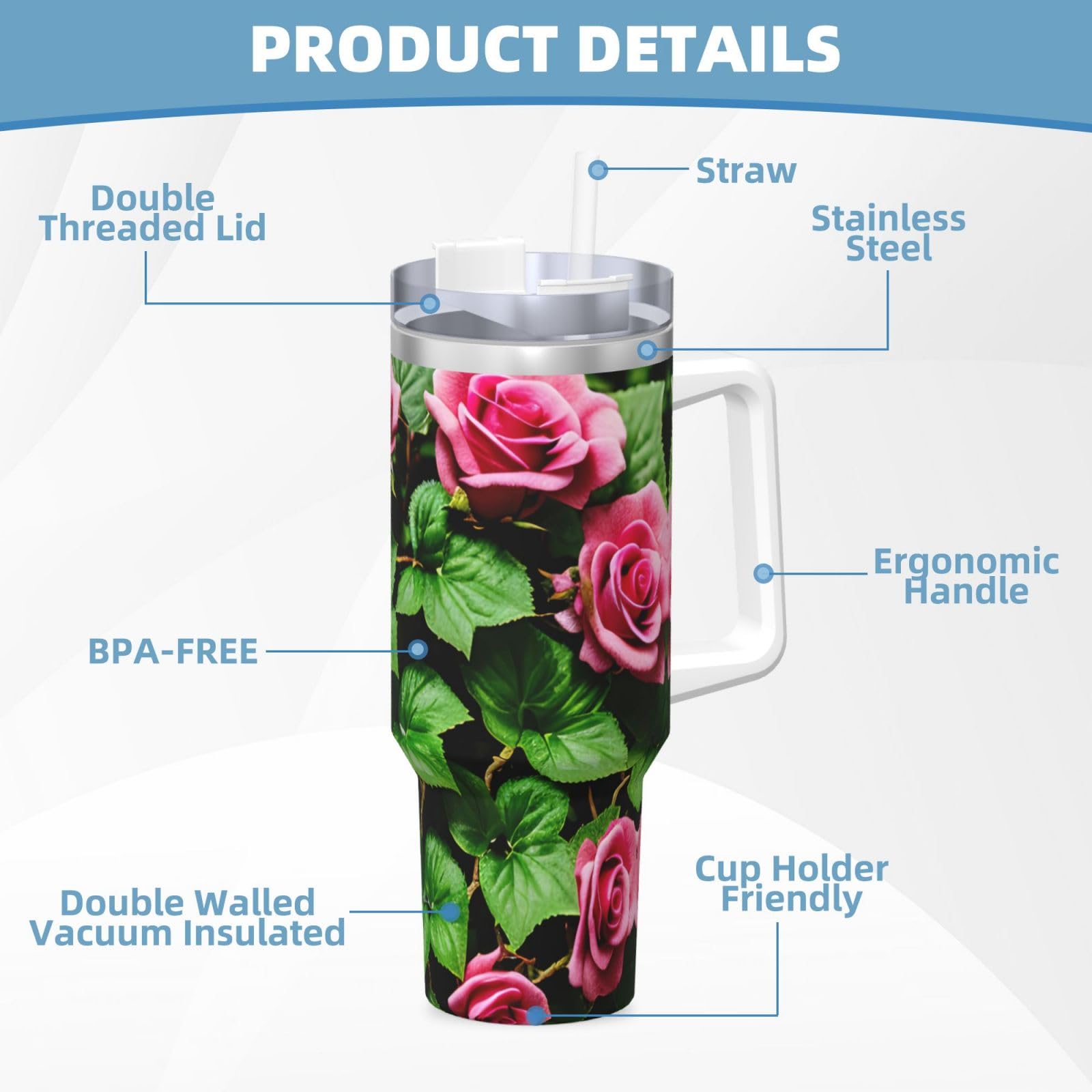 Trinkflasche mit Blumen-Rosen-Efeu mit Blättern, Edelstahl, doppelwandig, isoliert, mit Griff und Strohhalm-Deckel, 1,2 l