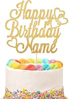 Personalized Happy Birthday Cake Topper | Customized Name Cake Decoration | Double Sided Glitter Card | Gold
