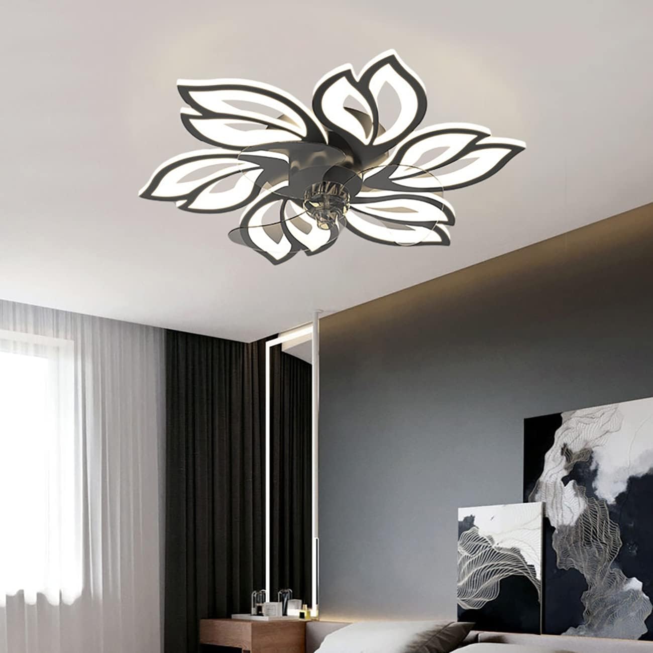 YUEGOO Fans with Ceiling Lights Reversible Silent Flower Sfan with Remote Control Led Dimmable Ceiling Lights with Timer 72W for Bedroom Living Room Dining Room Fan Lighting/Black